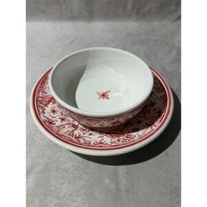 Hand Painted Portugal Ceramic Bowl and Plate XVII Century Style Pink‎ Red White